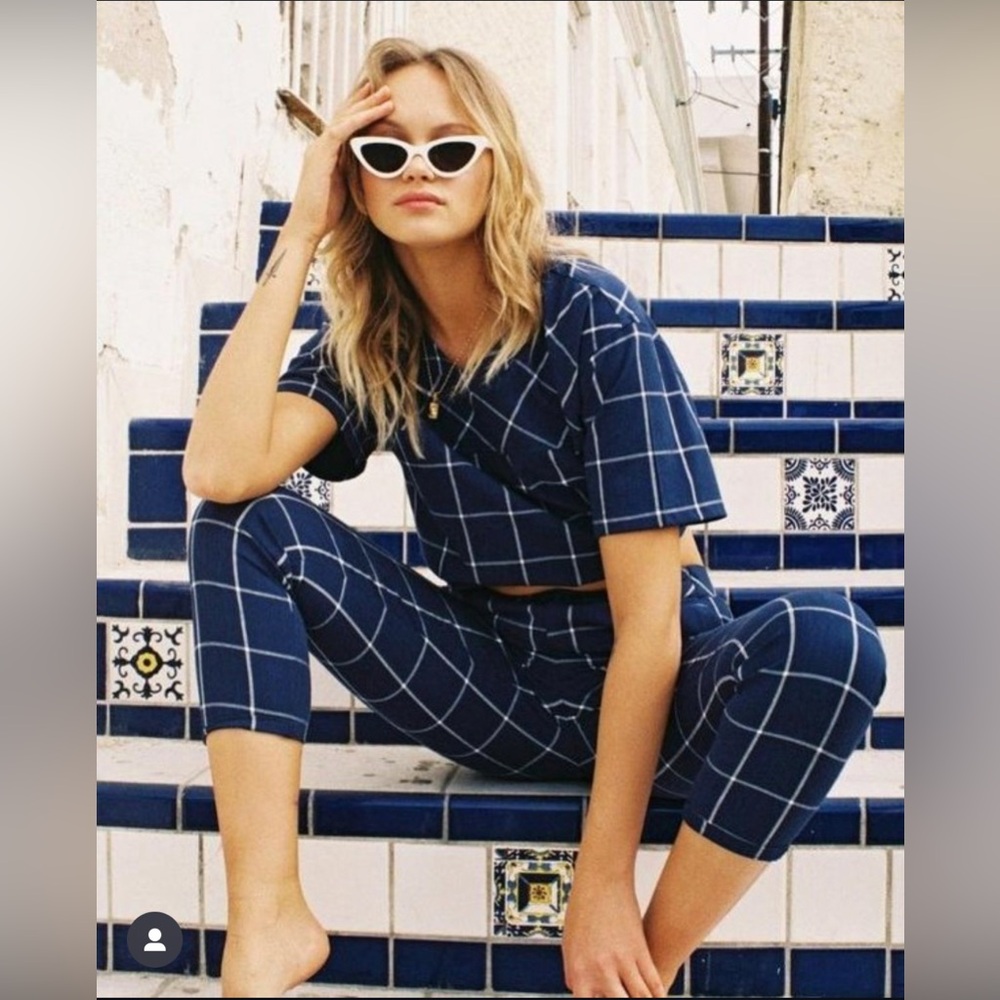 RVCA Pants & Cropped Top Leisure Set Size Small Blue Window Pane Print
